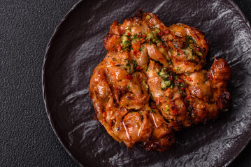 Grilled chicken fillet with garlic sauce, hot pepper