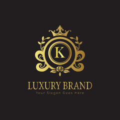 Letter luxury gold logo concept brand logo design with a royal gold crown emblem and elegant typography
