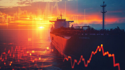 Obraz premium Close-Up of an Oil Tanker with Its Silhouette Against a Sunset, While a Dynamic Energy Market Graph Showing Oil Price Changes Fades in the Background