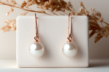 Rose Gold and Pearl Drop Earrings on Display Stand