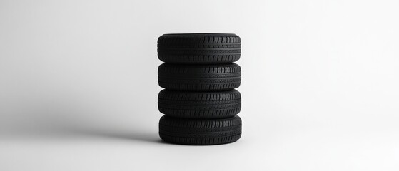 stack of four car tires on white background