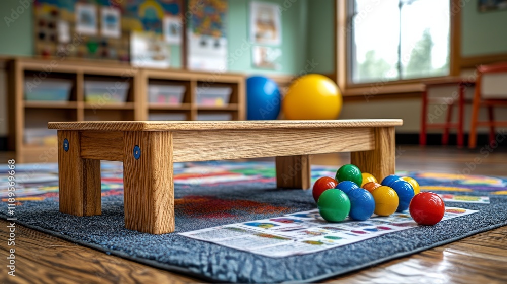 Poster playful learning environment with educational toys and colorful materials in a classroom setting