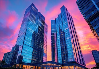 Fototapeta premium Cinematic photograph of tall glass skyscrapers with a blue and pink sky at sunset, taken from a low angle with a wide-angle lens. 