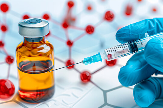 Syringe and Amber Vial with Molecular Structure Background - Powered by Adobe