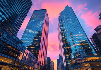 Obraz premium Cinematic photograph of tall glass skyscrapers with a blue and pink sky at sunset, taken from a low angle with a wide-angle lens. 