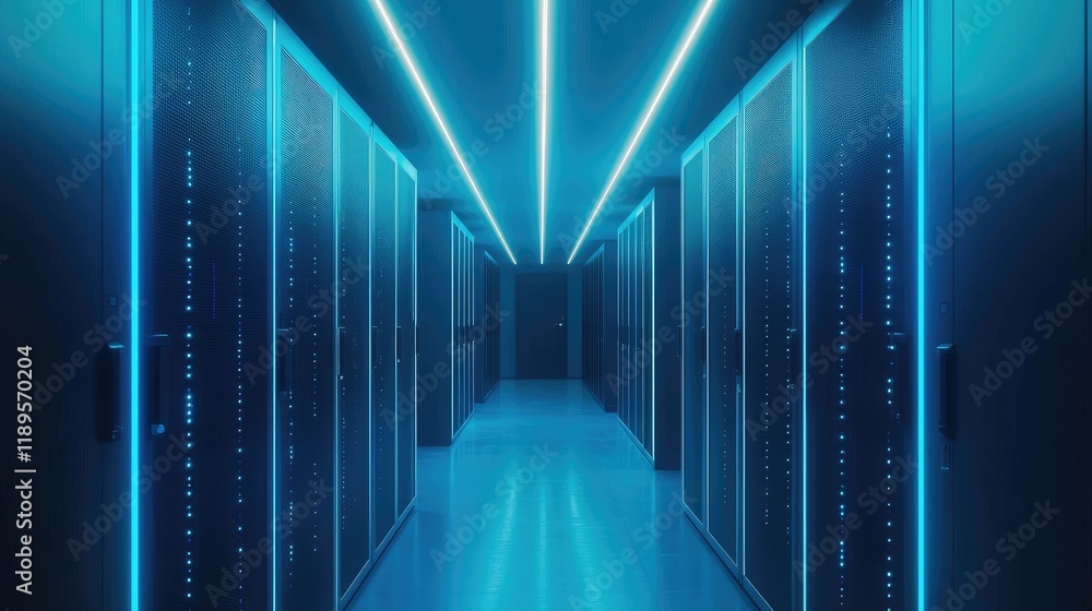 Poster modern digital data center with rows of glowing blue server cabinets, illuminated by soft led lights