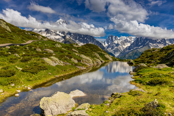 Lake in the Alps. Beautiful clear turquoise water lake in Chamonix Mont Blanc valley in French...