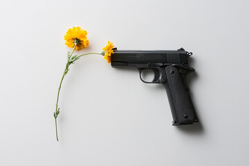 Yellow Flower and Black Handgun on White Background