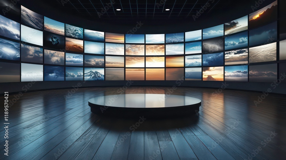 Poster immersive video wall displays nature scenes in a dark room with a circular platform.