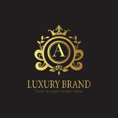 Letter luxury gold logo concept brand logo design with a royal gold crown emblem and elegant typography
