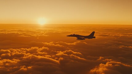 A fighter jet soaring above fluffy clouds at sunset, showcasing aviation and nature's beauty.