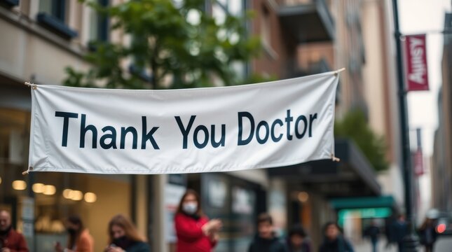 A banner displaying Thank You Doctor is prominently hung in a city area, with people gathered around, acknowledging and honoring women physicians' contributions