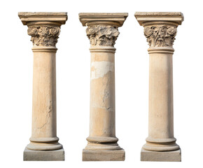 Three Classic Stone Columns, Architectural Design Elements, Historical Pillars , isolated on white background PNG