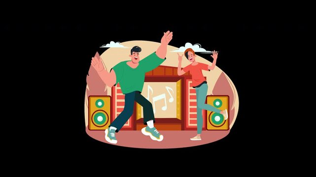 Two people dancing energetically in a lively atmosphere with musical elements, showcasing a fun cultural scene.