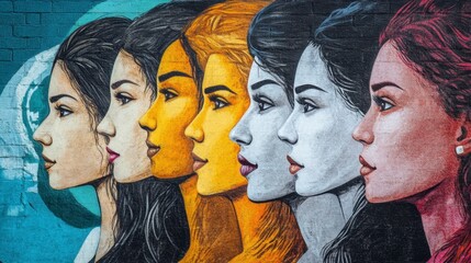 Six Women's Profile Portraits Mural Art, Colorful Street Art, Urban, Teal Wall © Dari