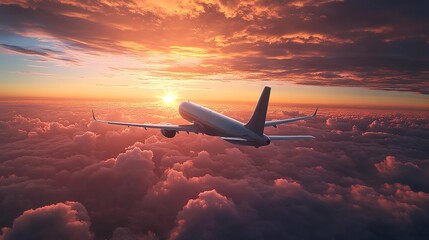  A passenger plane flying in the sky, above the clouds, with a beautiful sunset