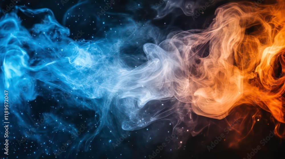 Poster abstract image of blue and orange smoke swirling against a dark background with sparkles.