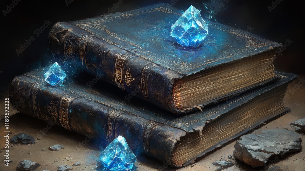 Poster magical crystals and ancient books create a mystical atmosphere in a serene forest setting