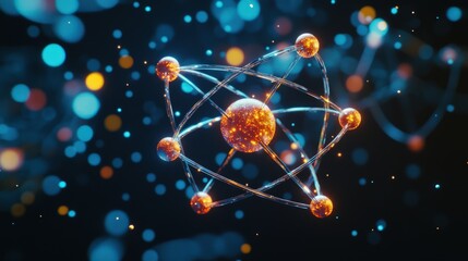Abstract atom model with glowing particles and energy trails.