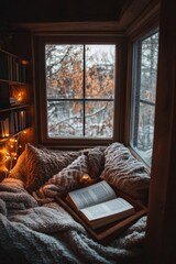 Cozy window seat with a book, blankets, and fairy lights, overlooking a snowy winter scene