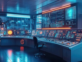 Control room with advanced technology and glowing screens in a futuristic setting