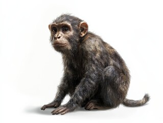 a chimpanzee sits against a white background