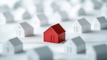 A red house stands out among the white houses in the background.