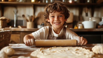 Young boy rolling dough in rustic kitchen environment
