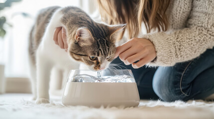 Pet care specialist assisting cat with drinking water at home