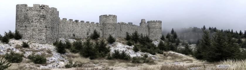 Ancient Stone Fortress Surrounded by Misty Hills and Lush Pine Trees for Exploration.