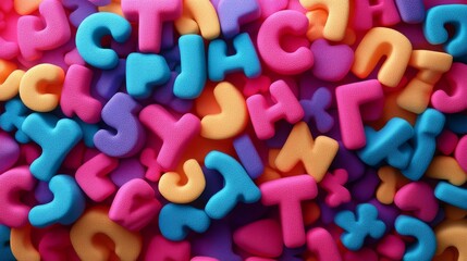 Colorful foam letters scattered on a purple surface for early childhood learning activities and games
