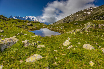 Lake in the Alps. Beautiful clear turquoise water lake in Chamonix Mont Blanc valley in French...