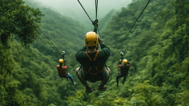 Family zip-lines through rich rainforest canopy. Adventure tourism in Costa Rica. Thrilling eco-vacation experience. People enjoy adrenaline rush in tropical jungle. They explore nature. Fun eco-tour.