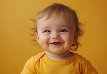 Naklejka premium Cute, happy baby smiling and looking at the camera, isolated on a yellow background. Pastel