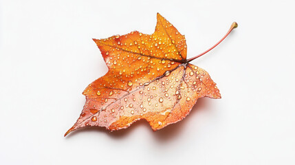 Autumn leaf with raindrops close up isolated on white background for seasonal designs