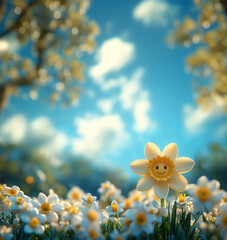 Spring Time Smiling Happy Daffodil 3D Character Easter Background