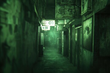 Fototapeta premium a dark alleyway at night with glowing signs