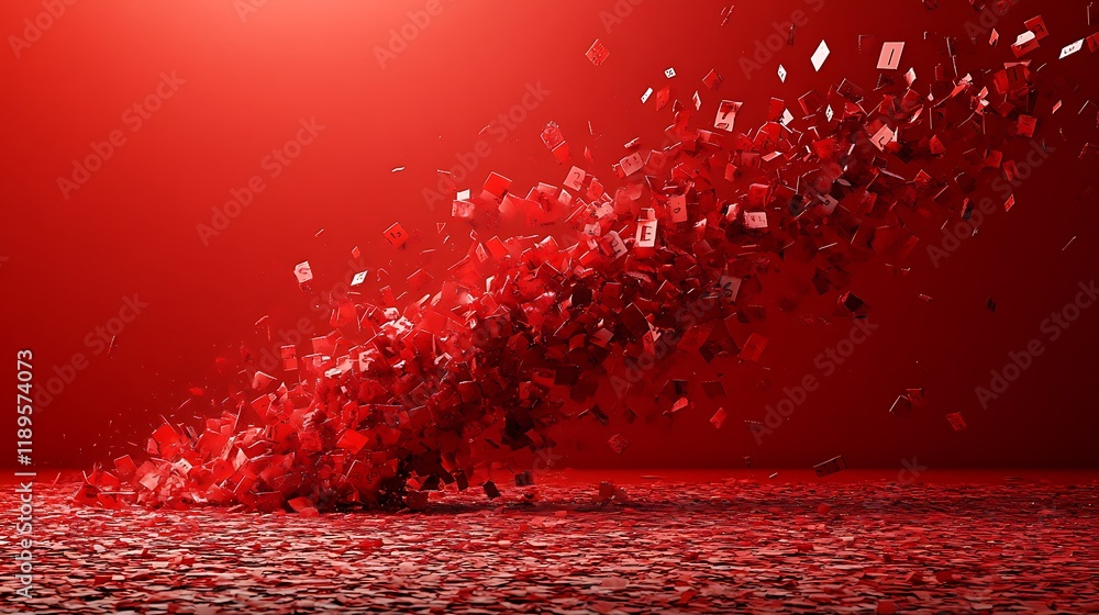 Poster abstract red cubes exploding, dynamic motion, energy, power.