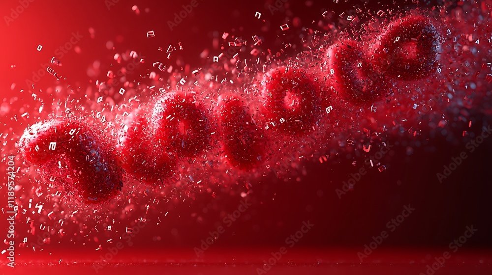Poster abstract red swirling particles forming a dynamic, three-dimensional shape against a red background.