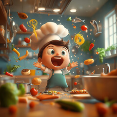 Playful Cartoon Chef in a Vibrant Kitchen with Flying Ingredients