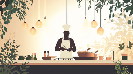 Chef cooking in a modern kitchen surrounded by plants and warm lighting