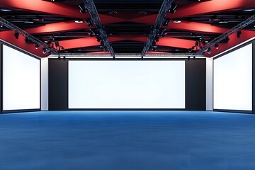 Modern exhibition stage with large blank screens, blue carpeted floor, and red ceiling beams in a spacious indoor hall. 3D Rendering, Generative Ai