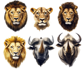 Majestic African Wildlife Portraits: Lions, Rhinos, and More , isolated on white background PNG