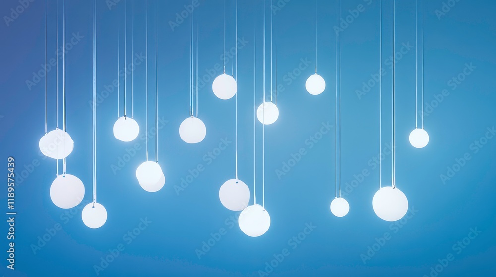 Poster Glowing orbs hang from thin strings against a blue backdrop.