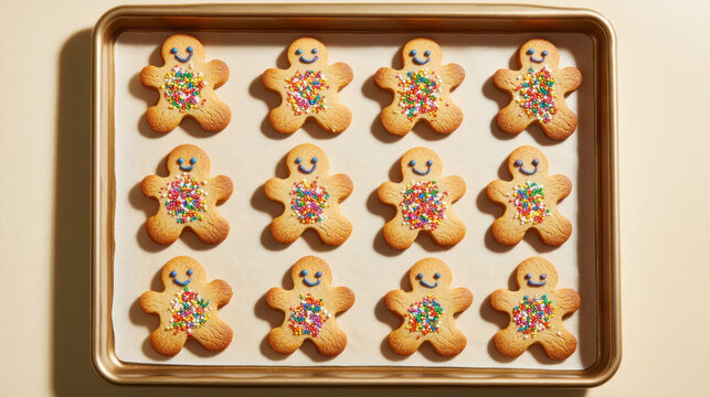 Colorful holiday gingerbread cookies decorated with sprinkles on baking tray