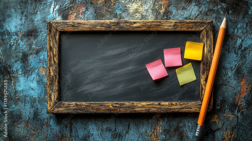 Poster blackboard with colorful sticky notes and a pencil placed on a textured background