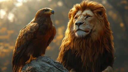 Majestic lion and eagle sunrise forest wildlife portrait