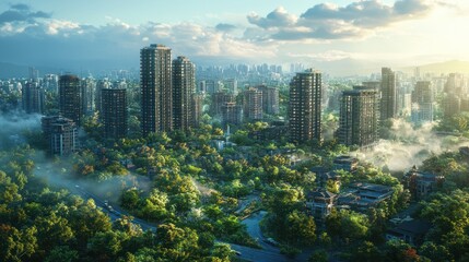 Fototapeta premium Aerial view of a city skyline nestled amidst lush greenery and morning mist.