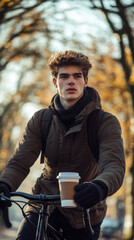 Fototapeta premium Young man enjoying autumn cycling adventure in the park with coffee in hand