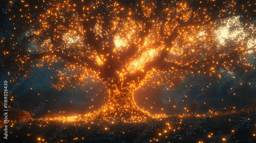Poster mesmerizing glowing tree illuminated by countless lights at dusk in a mystical forest